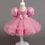 littlejoye Girls Midi/Knee Length Festive/Wedding Dress (Pink, Short Sleeve)
